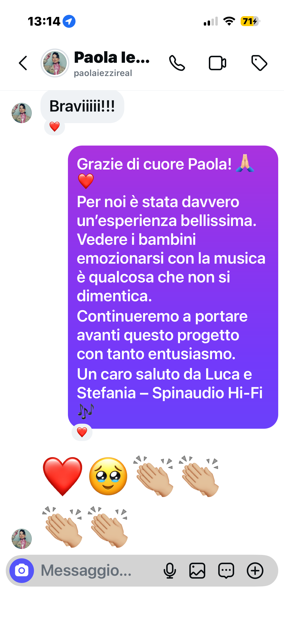 Messaggio di un cliente a Spinaudio Hi-Fi