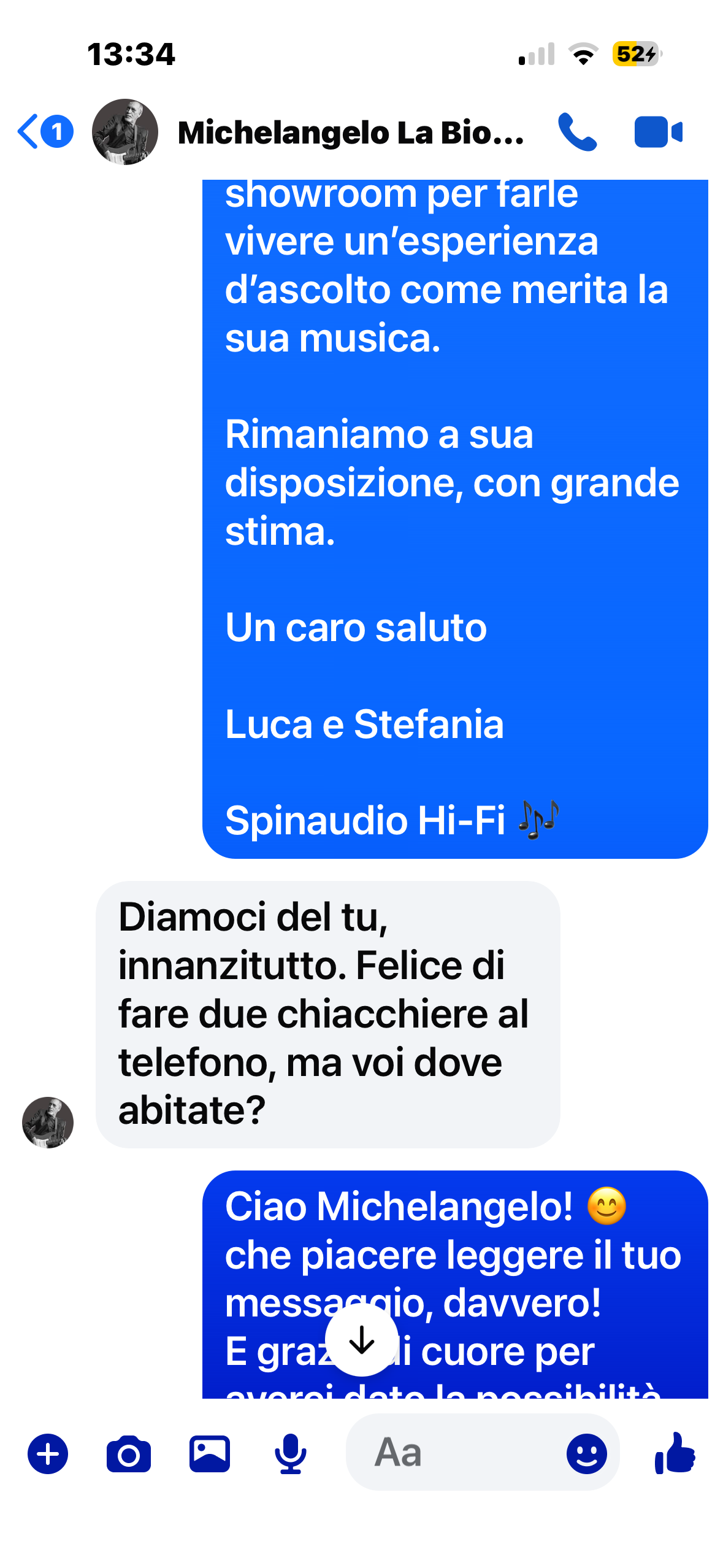 Messaggio di un cliente a Spinaudio Hi-Fi